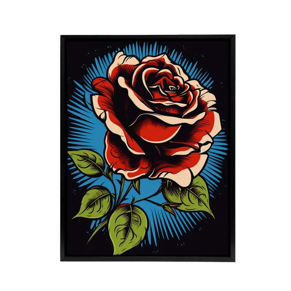 Old School USA Tattoo Rose Flower Black Framed Canvas Wall Art Print 12X16"