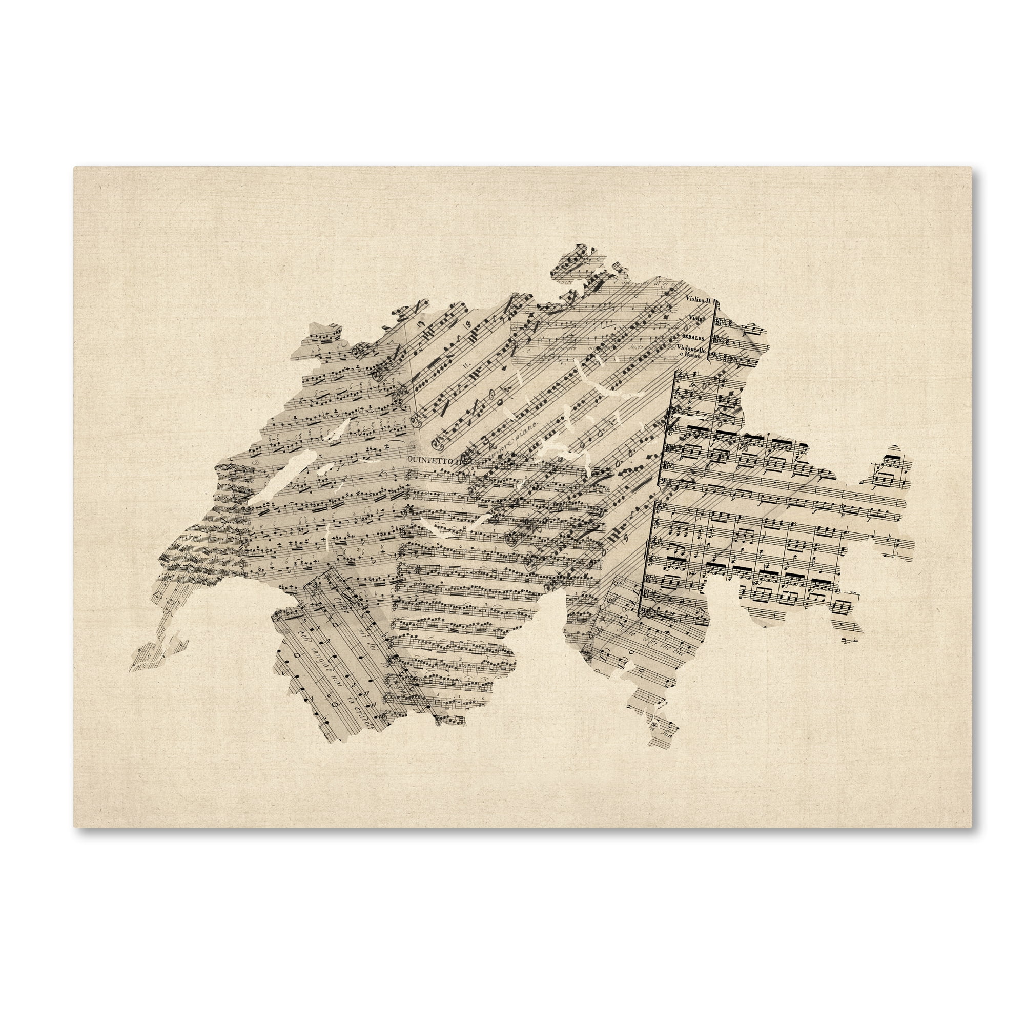 "Old Sheet Music Map of Switzerland" Canvas Art by Michael Tompsett