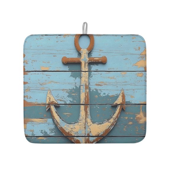 Old Ship Anchor on Wood Grain Dish Drying Mats for Kitchen Counter,Absorbent Microfiber Dish Drainer Rack Mat Nautical Farm Blue Planks Drying Pad for Sinks,Utensils,Countertops,16x18in
