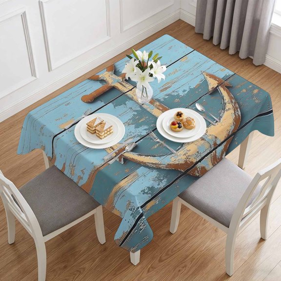 Old Ship Anchor on Wood Grain Table Cloth 60x84in, Waterproof Rectangle Tablecloth Wipeable Tablecloths Nautical Farm Blue Planks Table Covers for Dining Tables Party Indoor Outdoor