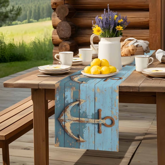 Old Ship Anchor on Wood Grain Table Runner 72 Inch Long Nautical Farm Blue Planks Table Runners Linen Burlap Tablerunner for Kitchen Dining Room Holiday Party