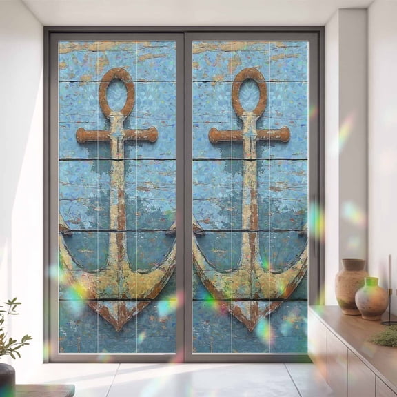Old Ship Anchor on Wood Grain Window Privacy Film,Decorative Windows Static Cling Nautical Farm Blue Planks Heat Control Removable Glass Sticker for Home Bathroom Bedroom Window Door,35x79in
