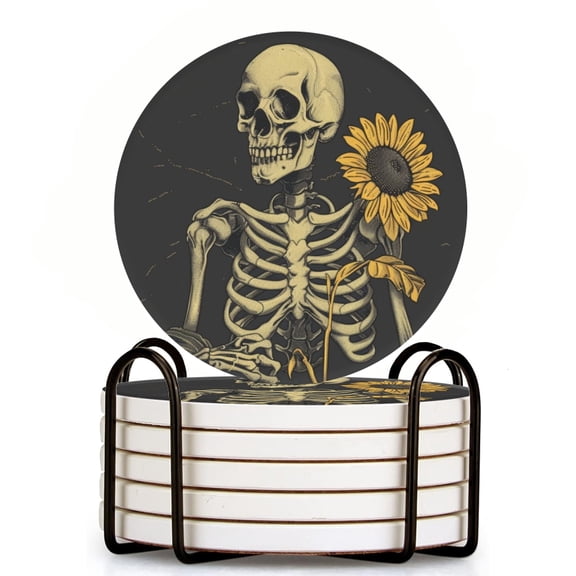 Old Skeleton Holding Sunflower Set of 6 Ceramic Coasters with Holder, Absorbent Drink Bar Coasters, Table Coasters for Living Room Decor Tabletop Protection