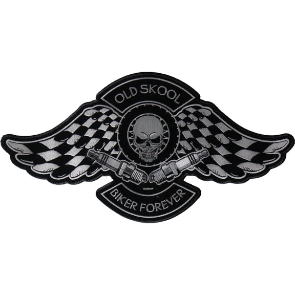 Old Skool Biker Forever Skull Checkered Flags and Spark Plugs Patch