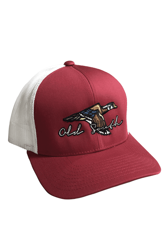 Old South Flying Wood Duck Mens Snapback Trucker Hat-Cardinal/White