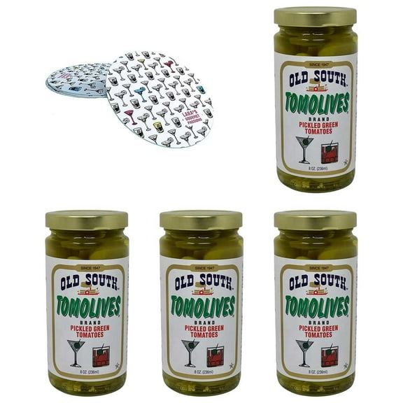 Old South Tomolives Pickled Green Tomatoes (4 Pack, 8oz Each) Bundled with Complimentary 4-count Coasters