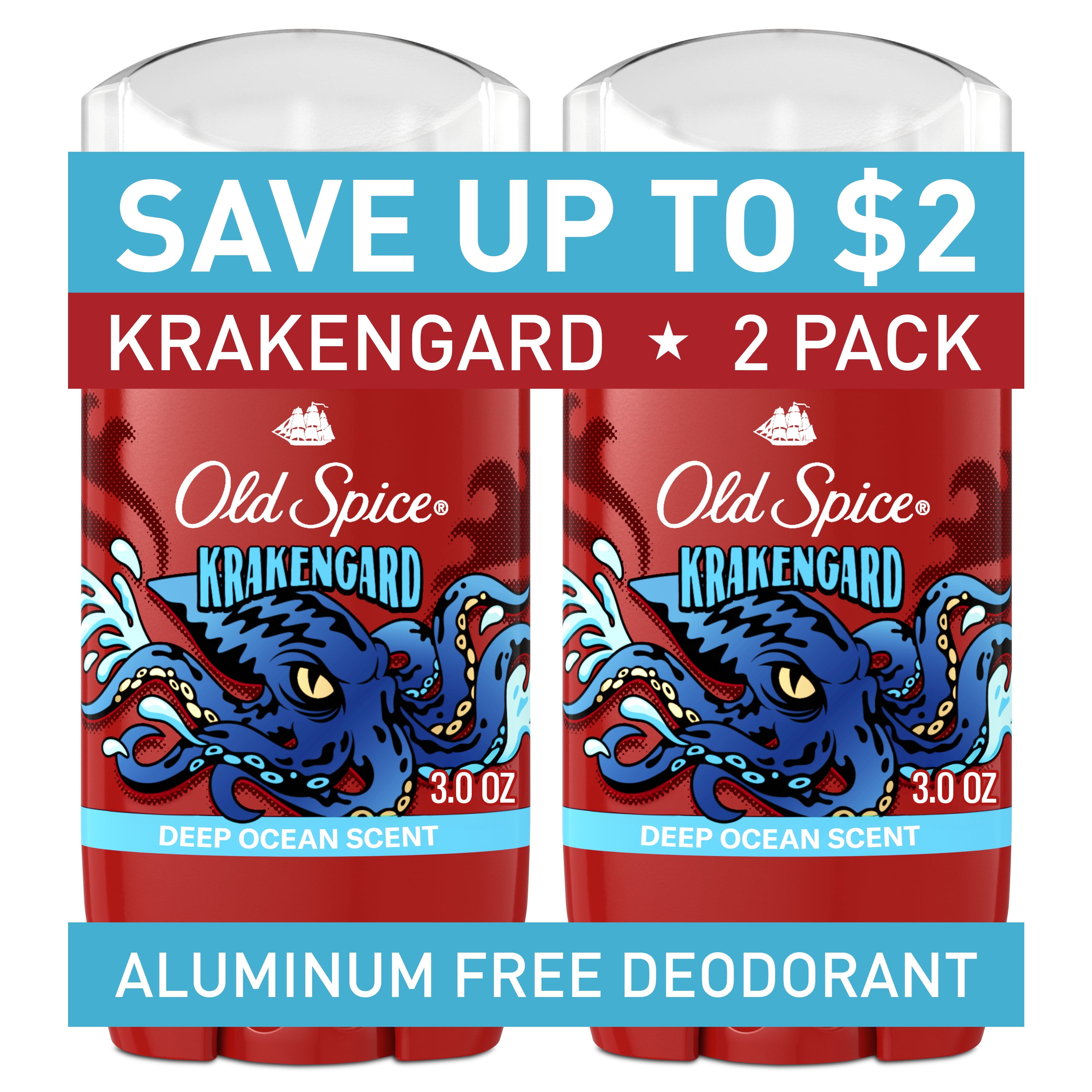 Old Spice Aluminum Free Deodorant for Men, 24/7 Freshness, Long Lasting Odor Protection, Legendary Fragrance, Krakengard, Deep Ocean Scent, Twin Pack, 2x 3oz
