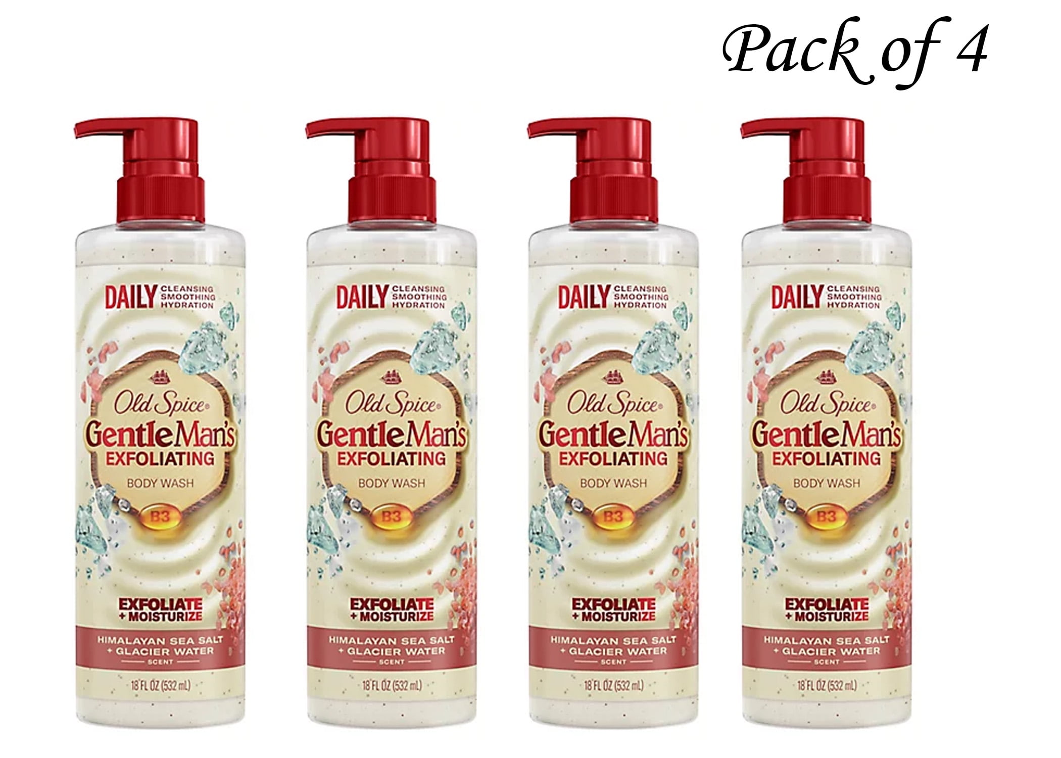 Old Spice Body Wash Gentleman's Blend Exfoliating for Men, 24/7 Moisturization, Gentle on Skin, Himalayan Sea Salt + Glacier Water Scent, 18 fl oz (Pack of 4)