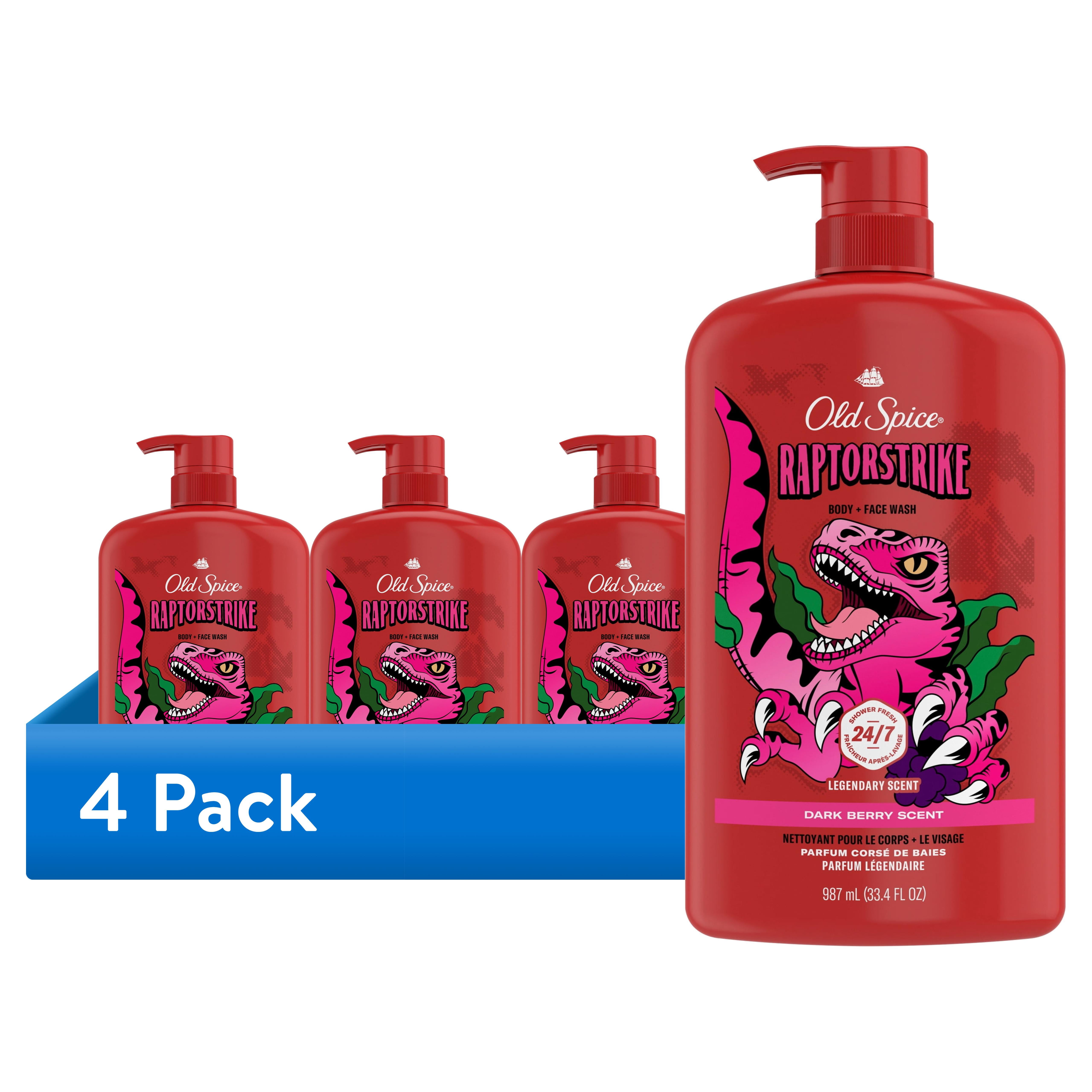 (4 pack) Old Spice Cleansing Body Wash for Men, 24/7 Shower Clean with Lasting Scent, 2 in 1 Face and Body Wash, Rich Lather, Raptorstrike, Dark Berry Scent, 33.4 fl oz