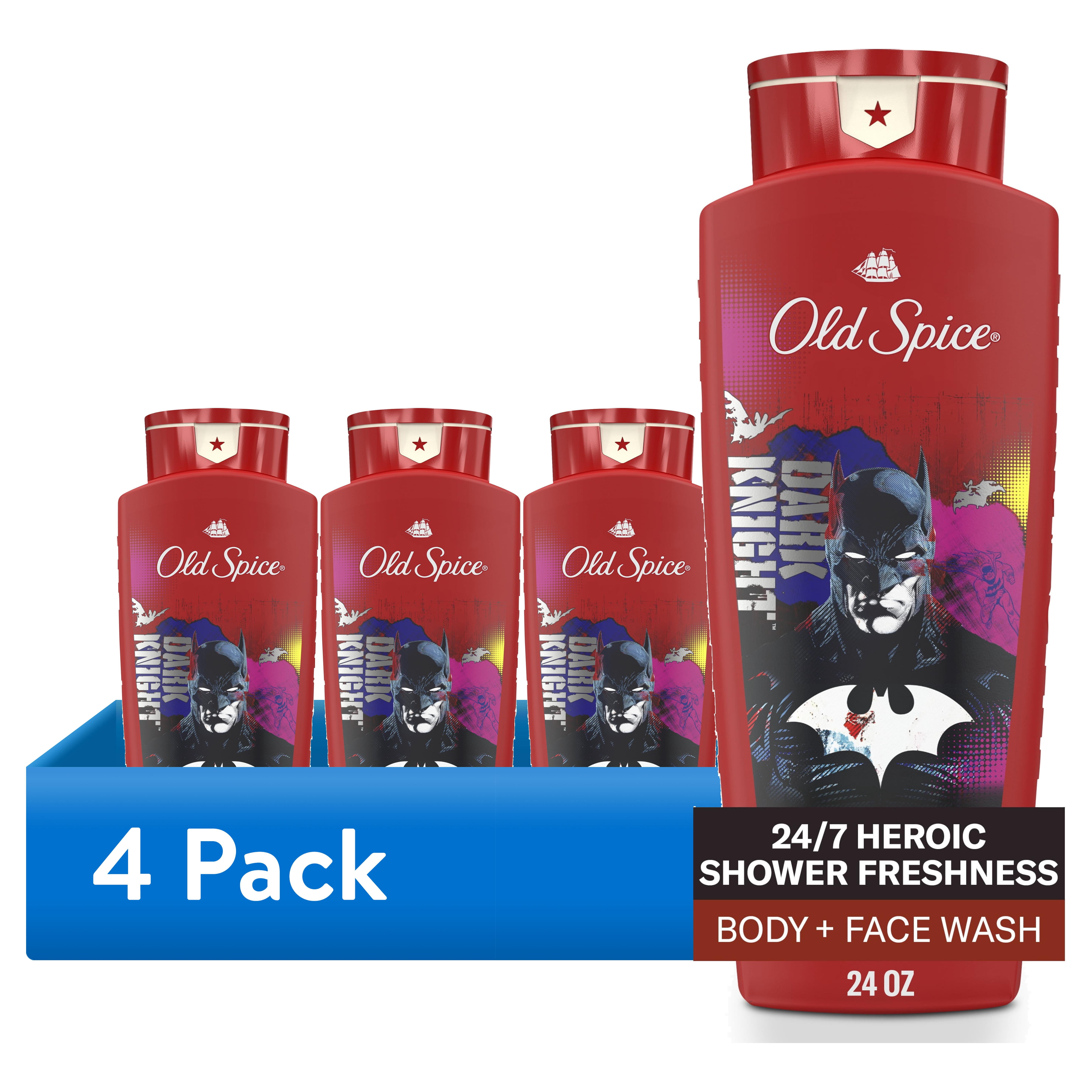(4 pack) Old Spice Cleansing Body Wash for Men, 24/7 Shower Fresh, 2 in 1 Body and Face Wash, Rich Lather, Batman, Black Cherry and Nightfall Scent, 24oz