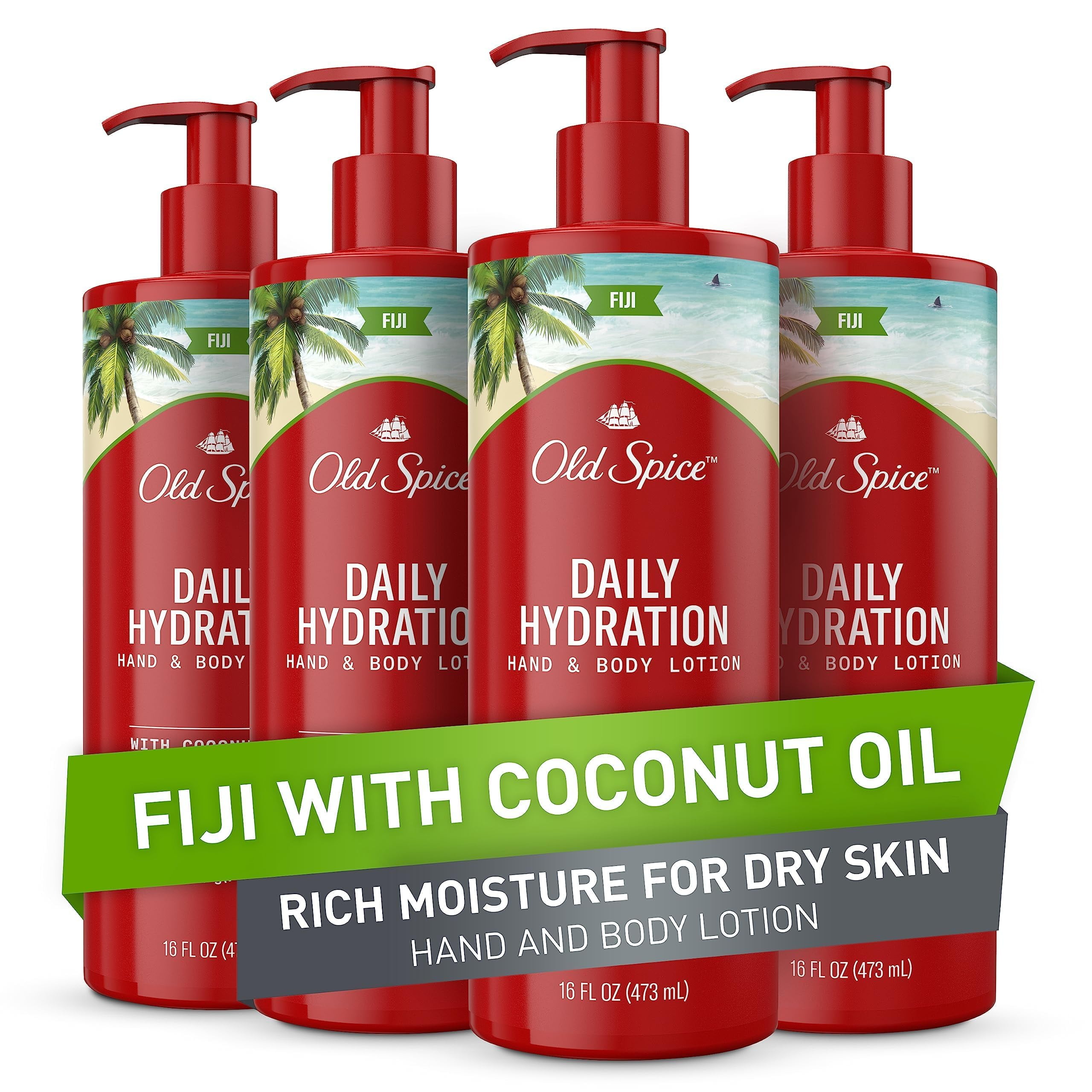 Old Spice Daily Hydration Hand & Body Lotion for Men, Fiji with Coconut Oil, 16 oz, Pack of 4 MS