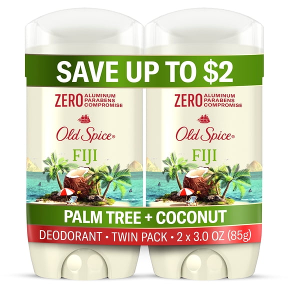 Old Spice Deodorant for Men, Aluminum Free, Fiji-Palm Tree + Coconut, 24/7 Odor Protection, 3.0 oz, 2-Pack