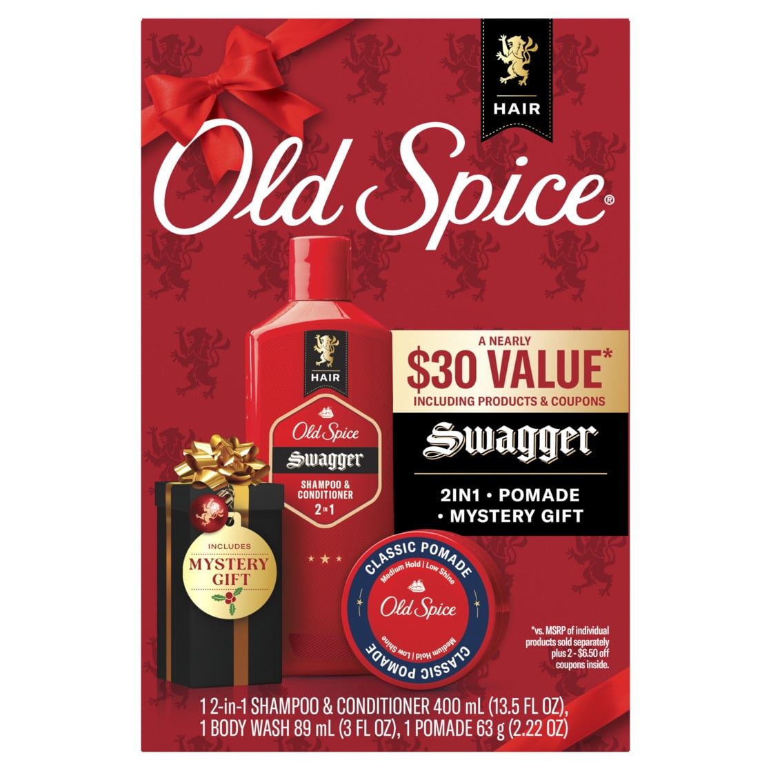 Old Spice Holiday Pack with Swagger 2in1 Shampoo and Conditioner, Pomade Styler, and Body Wash Travel Size, $30 Value