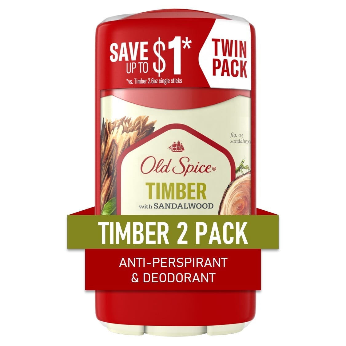 Old Spice Men's Antiperspirant Deodorant Timber with Sandalwood, 2.6 oz Twin Pack