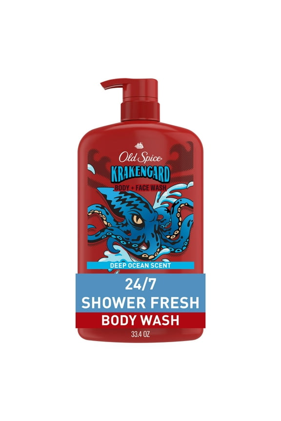 Cleansing Body Wash for Men, 24/7 Shower Clean with Lasting Scent, 2 in 1 Face and Body Wash, Rich Lather, Krakengard, Deep Ocean Scent, 33.4oz