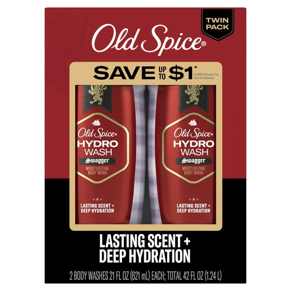 Old Spice Men's Moisturizing Hydro Body Wash, Swagger Scent, for All Skin Types, 21 fl oz, Twin Pack