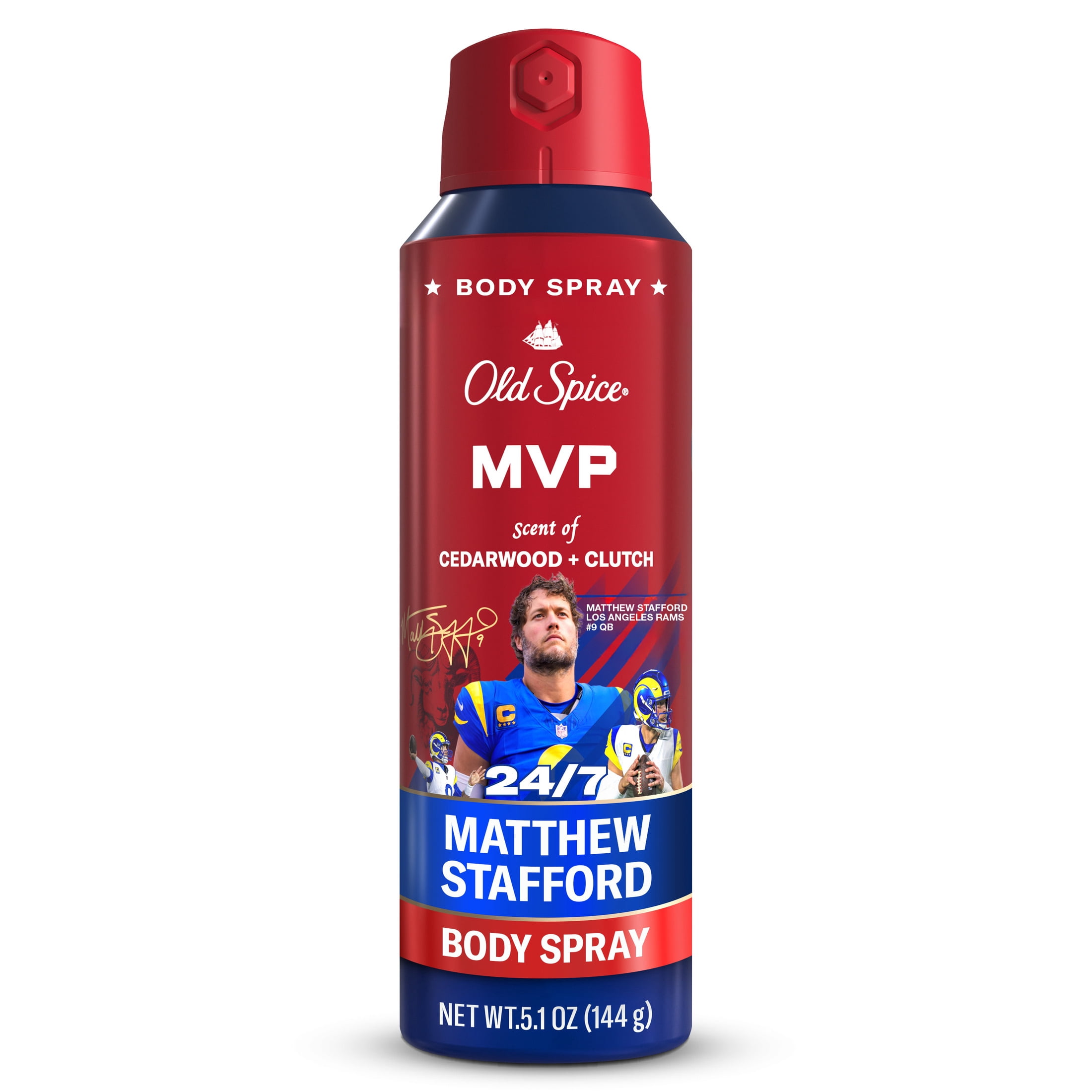 Old Spice Deodorant Body Spray for Men, Aluminum Free, NFL Collection, Matthew Stafford, Scent of Cedarwood + Clutch, 5.1 fl oz