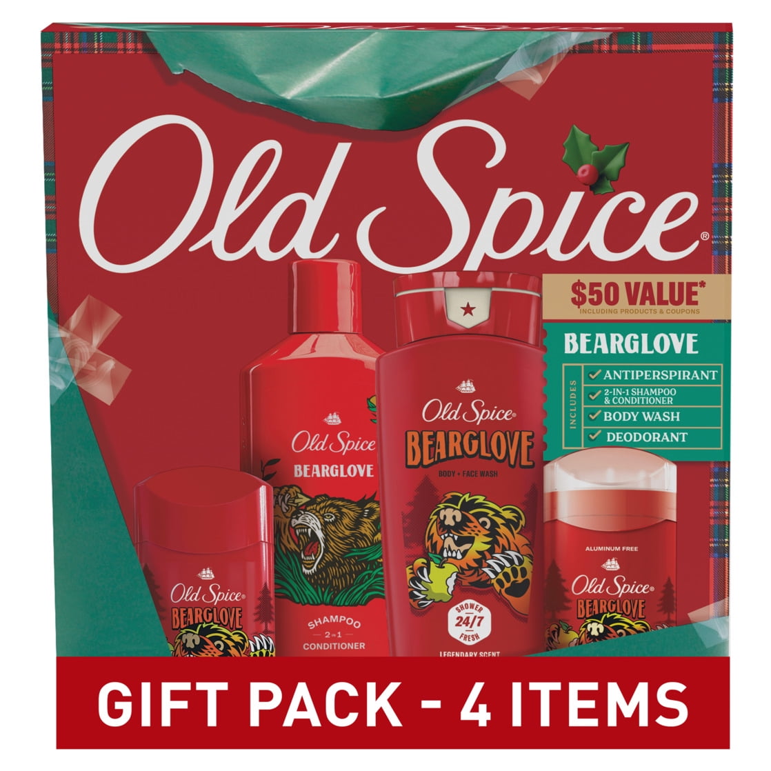 Old Spice Holiday Gift Box For Men, Bearglove Scent, Body Wash, Aluminum Free Deodorant, Body Spray, 2 in 1 Shampoo, 4-Pack, Holidude Edition