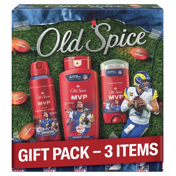 Old Spice x NFL Matthew Stafford Collector's Edition Holiday Gift Pack for Men, Deodorant, Body Wash, Body Spray, Cedarwood + Clutch Scent, 3 Pack Gift Box for Him