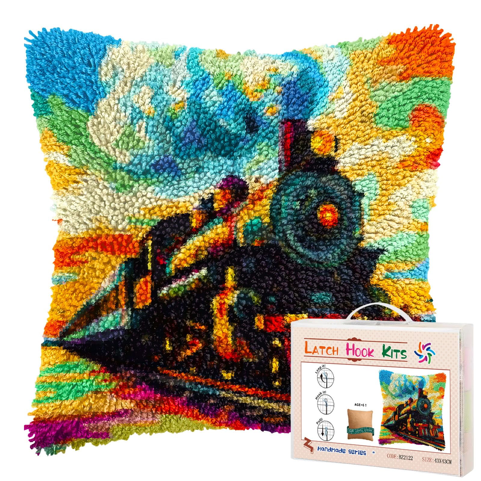 Old Steam Train DIY Latch Hook Pillow Kits for Adults Printed Pillowcase Crochet Yarns Hooking Handmade Pillow Cover Cushion for Home Sofa Decoration 17x17inch