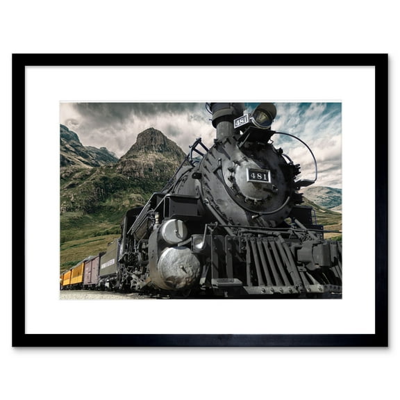 Old Steam Train Engine Mountains Framed Wall Art Print