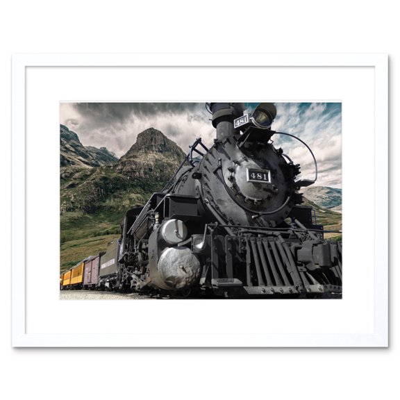 Old Steam Train Engine Mountains Framed Wall Art Print