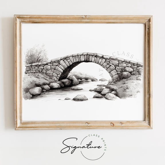 Old Stone Bridge Over A Creek Sketch, Rustic Landscape Drawing, Detailed Pencil Art, Nature-Inspired Wall Decor For Living Room, 872 Home Decor, 24x36 UNFRAMED
