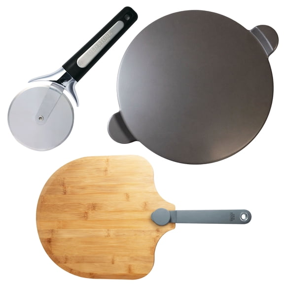 Old Stone Glazed Pizza Stone, Bamboo Peel, and Pizza Cutter Set (GPS15H-G, BPP1416, PPC35)