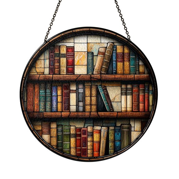 Old Style Bookshelf Artwork Stained Glass Style Window Hanging Suncatcher, Warm Book Lover Decor Gift