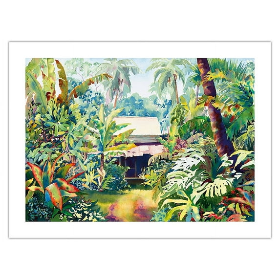 Old Style - Hawaiian Jungle Surf Shack - From an Original Hawaii Watercolor Painting by Peggy Chun - Fine Art Matte Paper Print (Unframed) 18x24in
