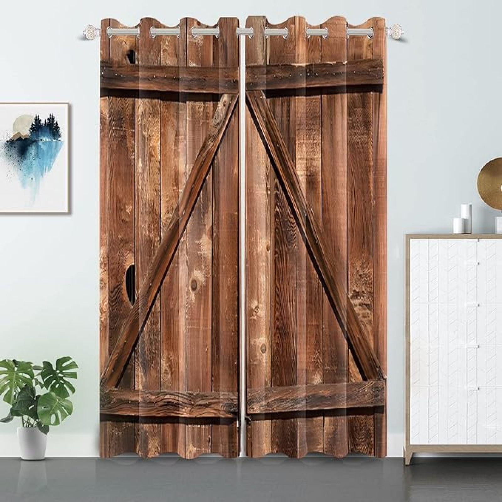LB Rustic Barn Door Window Curtain Panels,Vintage Wooden Farmhouse Brown Wood Window Curtain For Kitchen Living Room Bedroom Bathroom Blackout Window Treatment Drapes 2 Panels,52 X 63 Inches - View #11