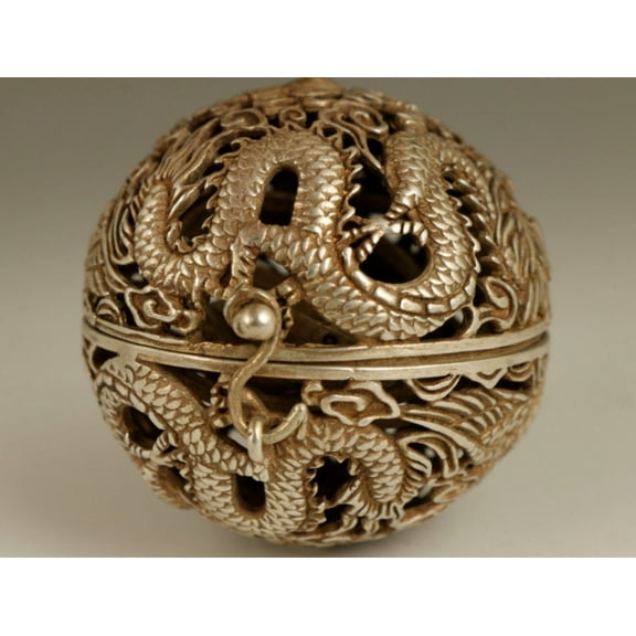 Old Tibet Silver Copper Hand Carved Dragon Phoenix Statue Incense Burner Buddha