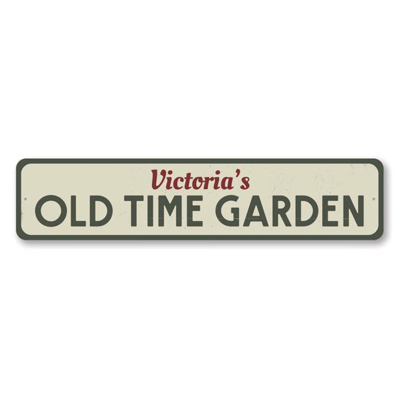 Old Time Garden Sign, Gardener Name Sign, Garden Decor, Custom Patio Aluminum Sign - 4x18 inches