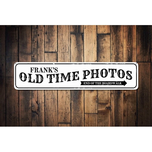 Old Time Photos Sign End of Boardwalk Arrow Sign Beach House Sign Custom Metal Beach Decor - Photo Times - Size: 16 x 4 Inches
