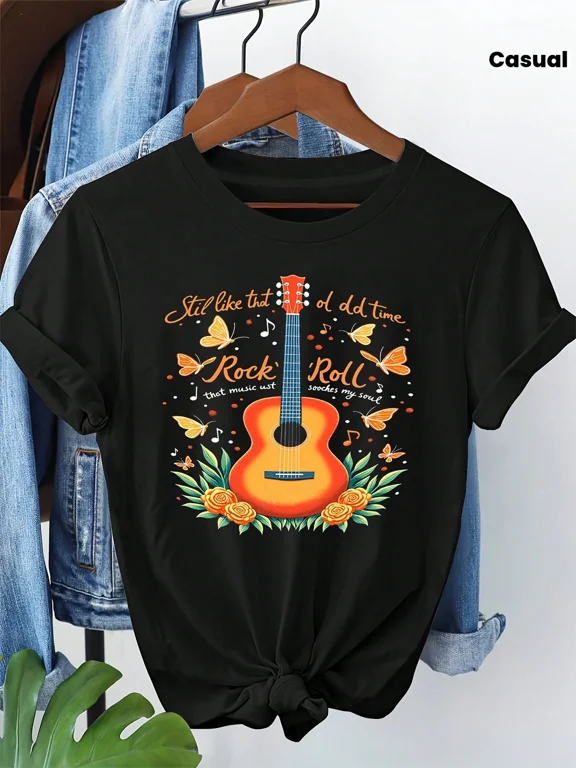 Old Time Rock Roll Guitar Graphic Print T - Shirt Women's Spring - Summer Short - Sleeve Crew - Neck Casual T - Shirt, Daily Leisure, Holiday Gift