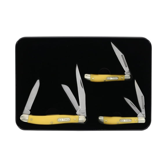 Old Timer?1227082 Peanut 3?Folder Knife Gift Tin  Yellow Handle, Stainless Blades, Collectible Pocket Knife Set for Everyday Carry & Outdoors
