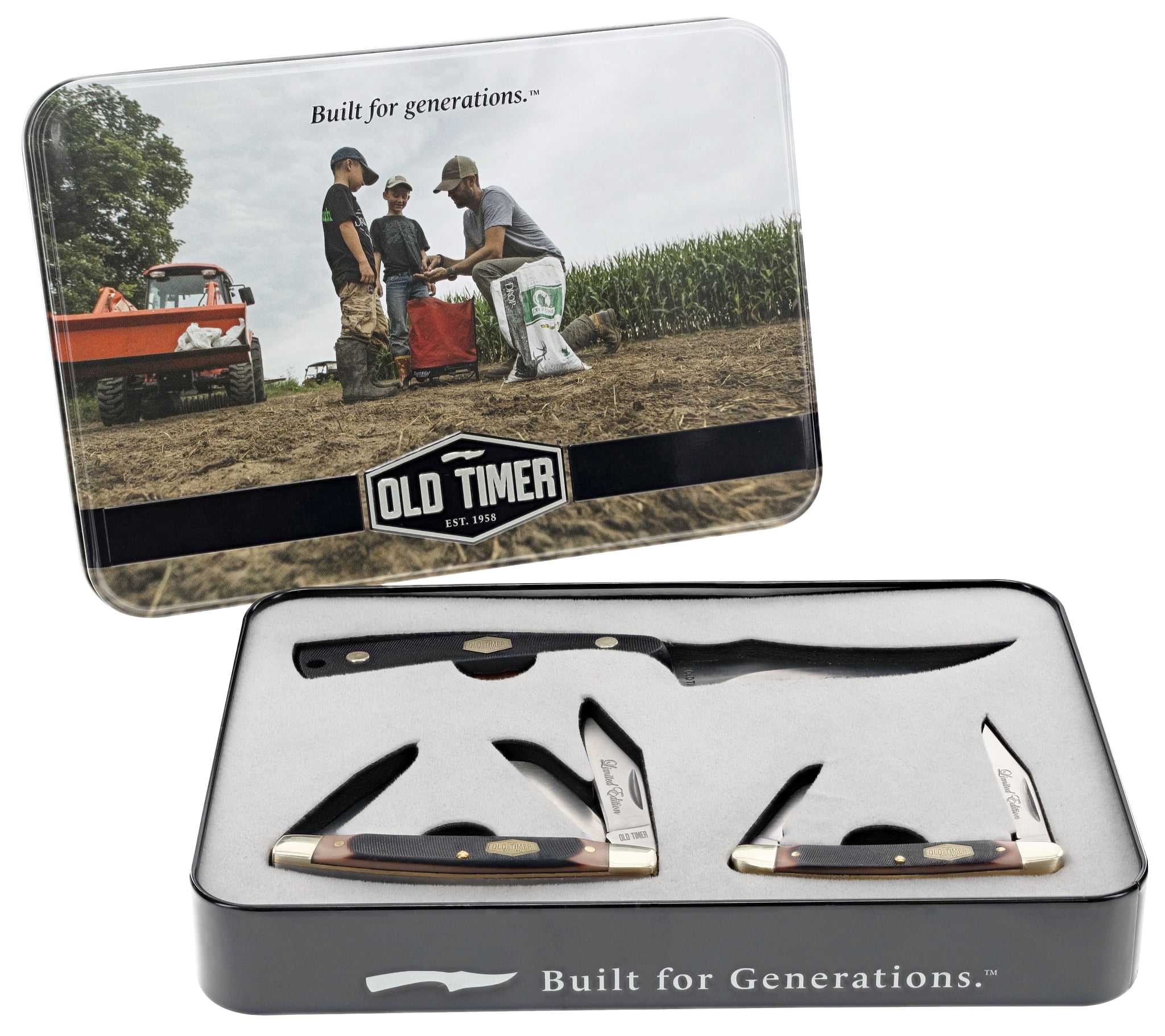 Old Timer Limited Edition 3pc Gift Tin, Sharpfinger, 3-Blade Middleman & 2-Blade Small Canoe Knife Set with Classic Old Timer Sawcut Handles, Sharpfinger Sheath and Collectible Gift Tin.