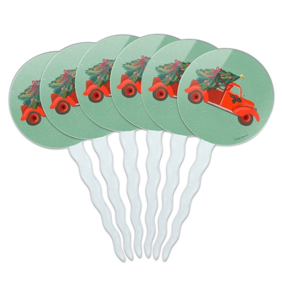 Old Timey Christmas Red Truck and Tree Cupcake Picks Toppers Decoration Set of 6