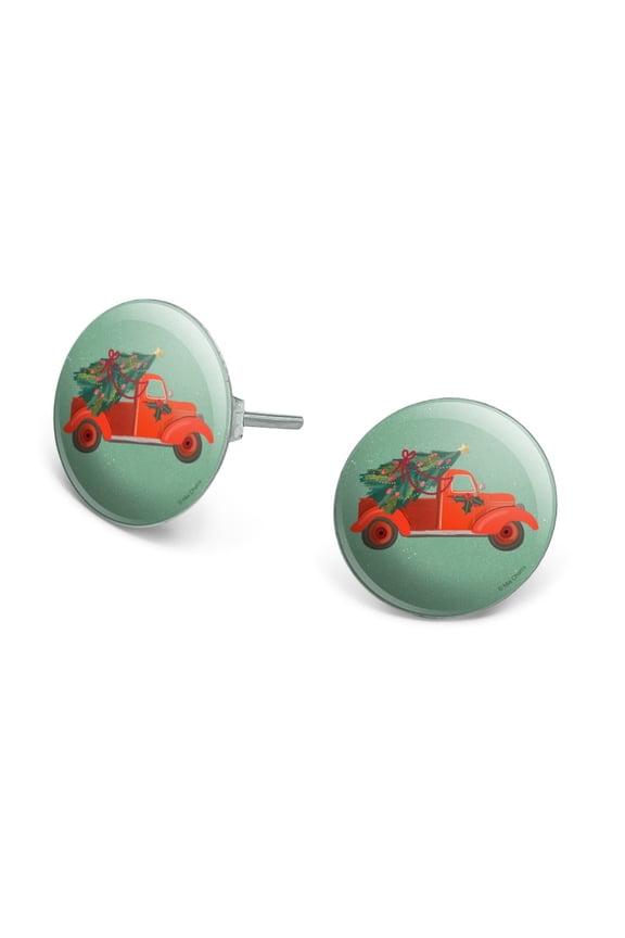 Old Timey Christmas Red Truck and Tree Novelty Silver Plated Stud Earrings