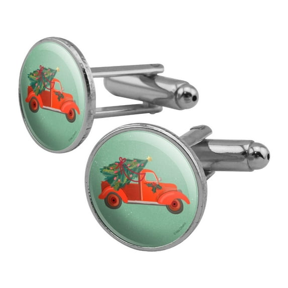 Old Timey Christmas Red Truck and Tree Round Cufflink Set Silver Color