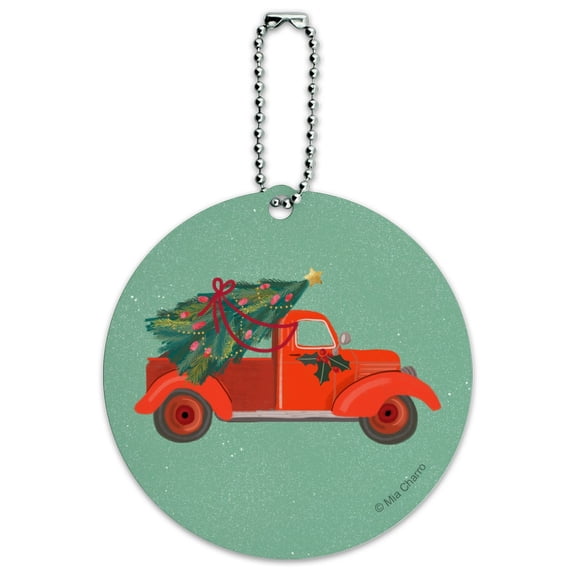 Old Timey Christmas Red Truck and Tree Round Luggage ID Tag Card Suitcase Carry-On