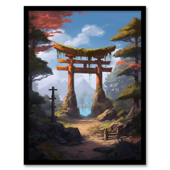 Old Torii Gate Leading to Shinto Shrine by Lake Painting Pink Green Blue Tranquil Sacred Grounds Forest Mountain Landscape Artwork Framed Wall Art Print A4