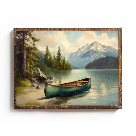 Old Town Green Canoe Wall Art Print, Vintage Mountain Lake Camping Cabin Decor