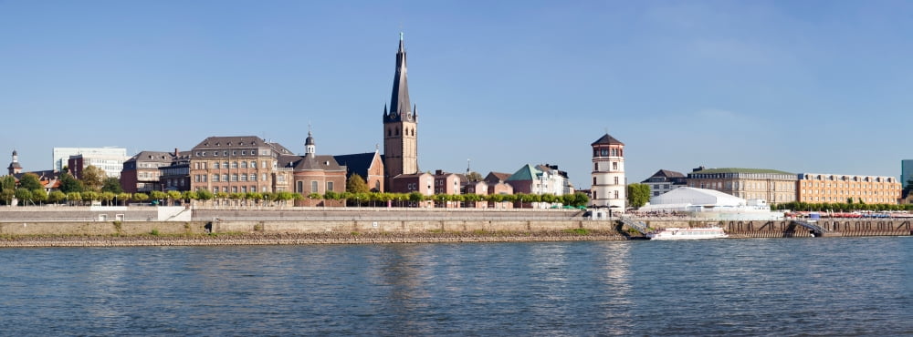 Old Town with Lambertus Church and Schlossturm tower at the waterfront Dusseldorf North Rhine Westphalia Germany Canvas Art - Panoramic Images (36 x 12)
