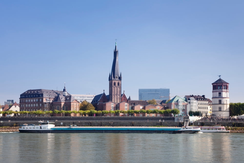 Old Town with Lambertus Church and Schlossturm tower at the waterfront Dusseldorf North Rhine Westphalia Germany Canvas Art - Panoramic Images (36 x 12)