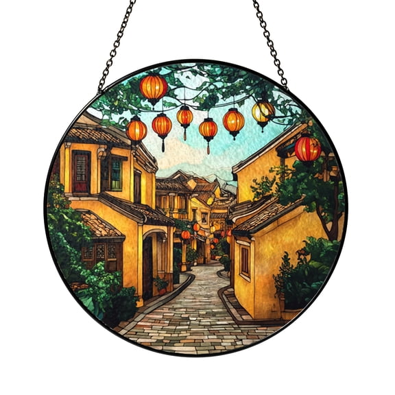 Old Town Lantern Street Stained Glass Suncatcher Window Hanging Decor, Traditional Architecture Scenic Art Glass Window Ornament, Round Decorative Glass Panel Street Landscape Window Decoration Gift