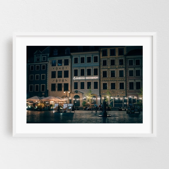 Old Town Market Square at Night, Warsaw 02 - Warsaw Mazowieckie Poland Photography White Framed Wall Art Print 12 x 18 inches