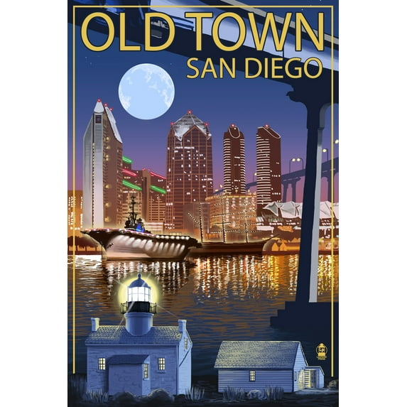 Old Town, San Diego, California, Skyline at Night (12x18 Wall Art Poster, Room Decor)
