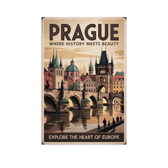 Old Town Square Classic Poster Retro Prague Cityscape with Gothic Architecture Print Poster