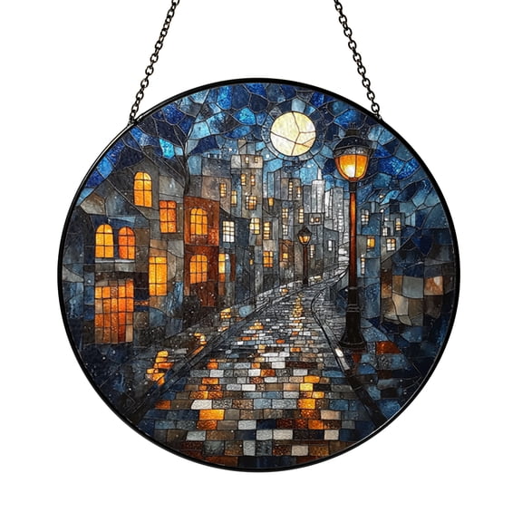 Old Town Stained Glass Style Suncatcher Window Hanging Decor, Round City Streets and Lamp Posts Glass Window Panel Art, Decorative Nighttime Urban Scene Window Ornament for Home Decor